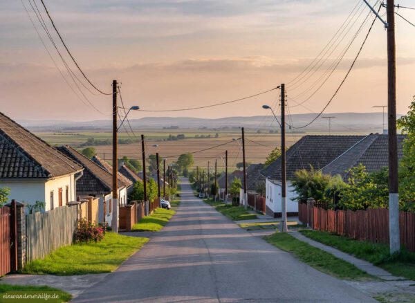 Lange Dorfstraße mit typischen ungarischen Häusern, Strommasten und weitem Blick über Felder und Hügel im Komitat Somogy – ruhiges Landleben für Auswanderer nach Ungarn