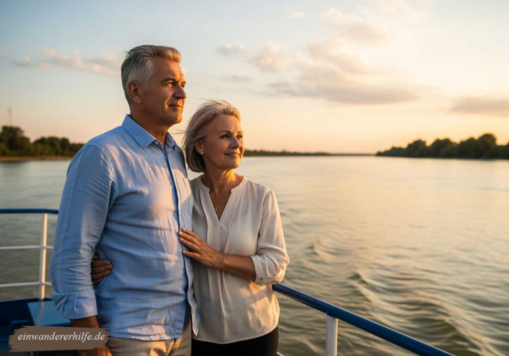 Ein älteres deutsches Rentner-Paar überquert mit der Fähre die Theiß bei Tiszadorogma in Ungarn und blickt hoffnungsvoll auf sein neues Leben im Dorf. Die weite Flusslandschaft und die ruhige Ebene im Hintergrund symbolisieren Neustart und Freiheit in Ungarn