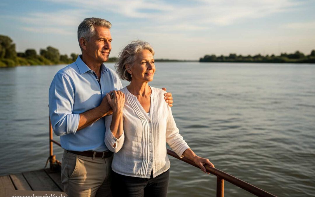 Ein deutsches Rentnerpaar steht an einem Flussufer in Ungarn und blickt hoffnungsvoll in die Ferne – Symbol für auswandern nach Ungarn, ein ruhigeres leben in Ungarn, bezahlbare Immobilien und die Chance, im Alter ein eigenes Haus zu kaufen, arbeiten in Ungarn im Homeoffice zu können und von niedrigeren Lebenshaltungskosten sowie ausreichender Infrastruktur zu profitieren.