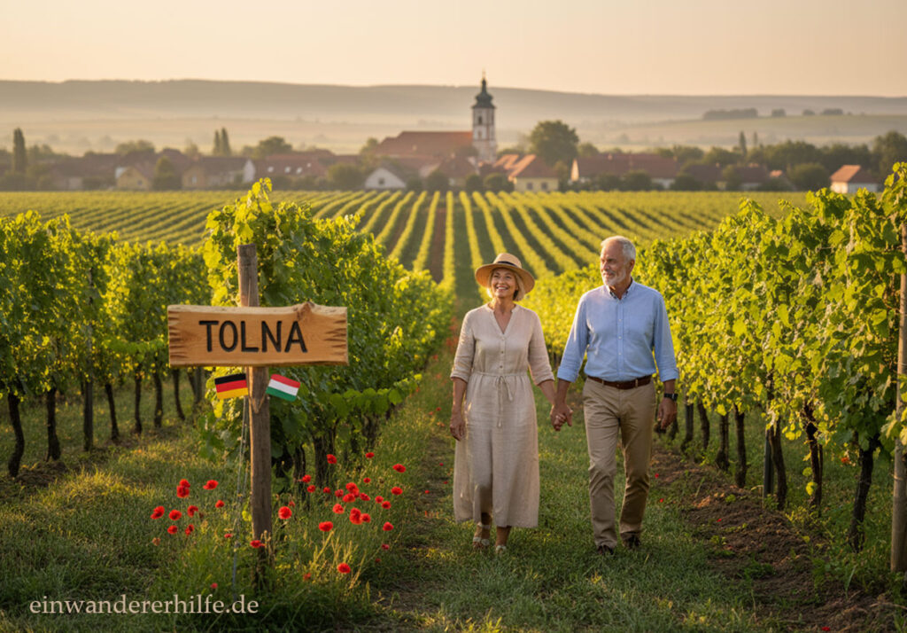 Ein älteres Paar spaziert durch die sonnigen Weinberge im Komitat Tolna, Ungarn. Im Hintergrund liegt ein idyllisches Dorf mit Kirchturm – Sinnbild für das Auswandern nach Ungarn und die Suche nach Immobilien in einer friedlichen Weinregion.