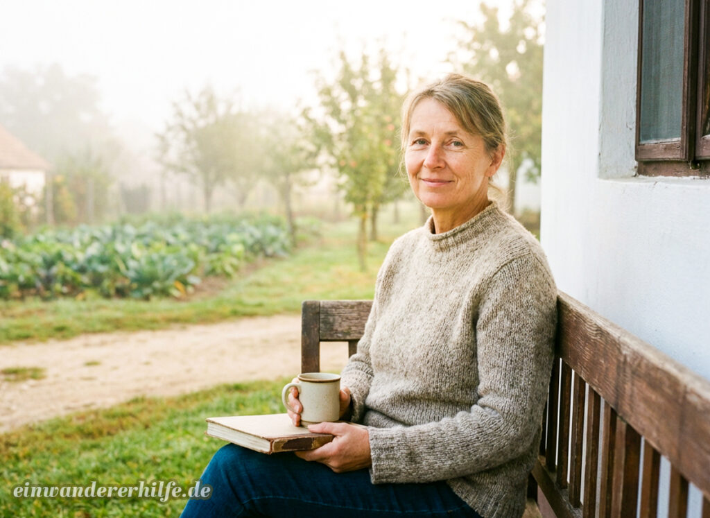 Ältere Auswanderin sitzt im weichen Morgenlicht auf einer Holzbank vor Gemüsegarten und Obstbäumen in einem ungarischen Dorf – sie genießt die Stille und steht für ein entschleunigtes Leben in Ungarn für Menschen, die auswandern nach Ungarn und ihren Ruhestand neu gestalten möchten.