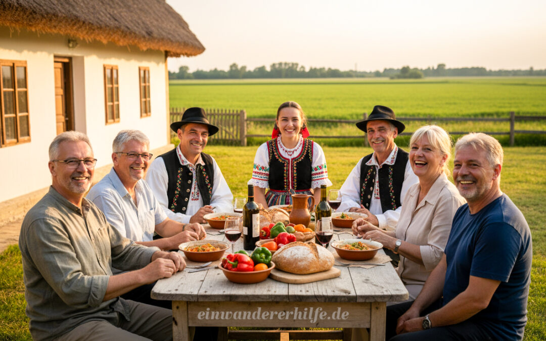 Deutsche Rentner und ungarische Einheimische sitzen beim gemeinsamen Abendessen an einem Holztisch vor einem Bauernhaus in Varászló – ein fröhliches Bild dafür, wie entspanntes Leben in Ungarn aussehen kann für Menschen, die nach Ungarn auswandern und dort neue Gemeinschaft finden möchten.
