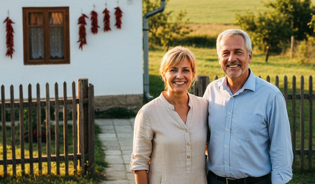 Glückliches deutschsprachiges Paar steht lächelnd vor einem kleinen Haus auf dem Land in Ungarn, mit Gartenzaun und typischen Details – Auswandern nach Ungarn Erfahrungen: ankommen, Wohngefühl aufbauen und den Neubeginn im ungarischen Alltag sicher gestalten.