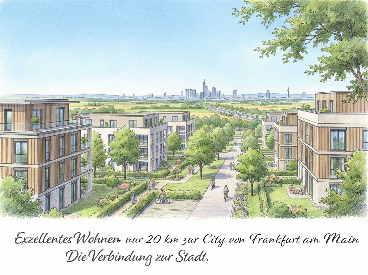 Illustration eines modernen Wohnquartiers in Rodgau-Weiskirchen mit Blick über Felder zur Frankfurter Skyline
