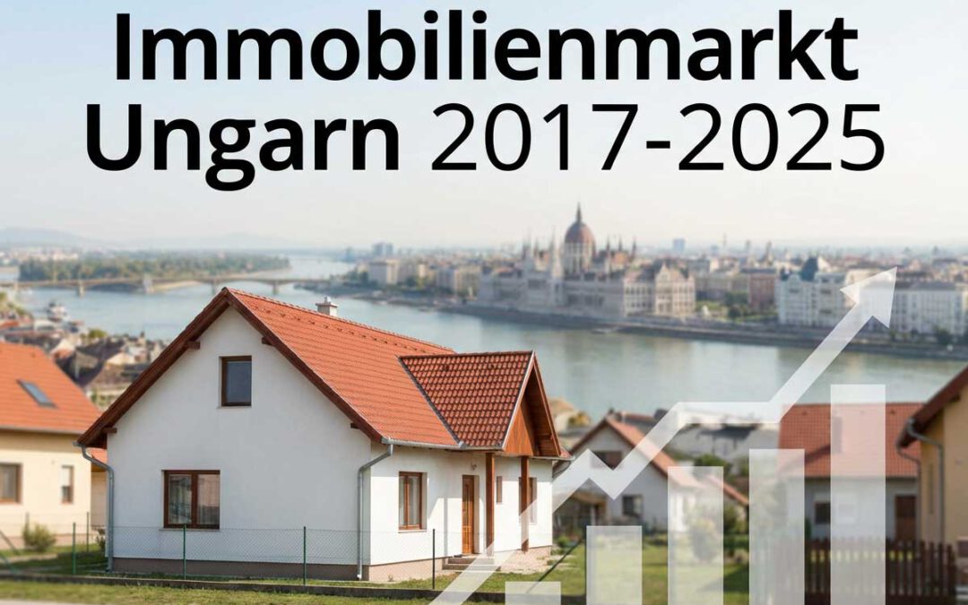Titelbild mit Schriftzug „Immobilienmarkt Ungarn 2017–2025“ über einem Einfamilienhaus mit rotem Ziegeldach, im Hintergrund die Donau und das Parlamentsgebäude in Budapest; im Vordergrund eine aufsteigende Balken- und Pfeilgrafik als Symbol für steigende Immobilienpreise in Ungarn.