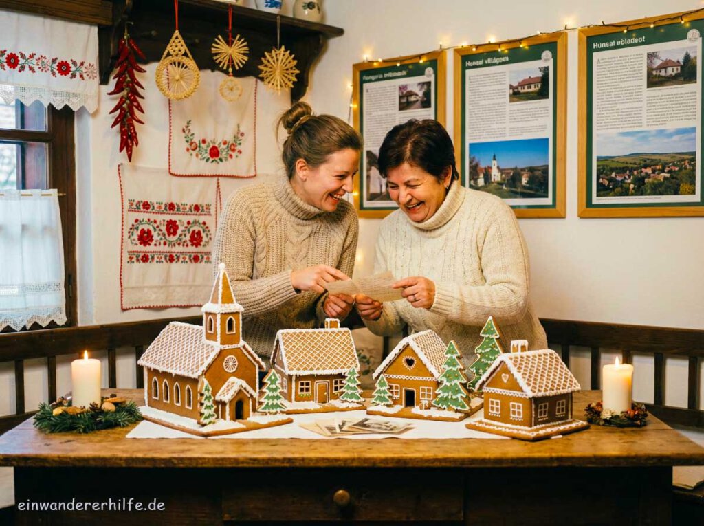 Zwei Frauen in warmen Strickpullovern lachen gemeinsam über alte Fotos, während vor ihnen ein detailreiches Lebkuchendorf auf dem Tisch steht. Im Hintergrund hängen ungarische Stickereien und Informationstafeln zu lokalen Sehenswürdigkeiten