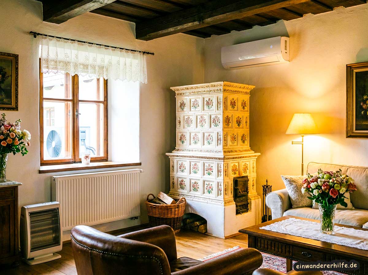 Typisch ungarisches, saniertes Dorfhaus mit verschiedenen Heizsystemen: Kachelofen, Klimaanlage mit Heizmodus, Gasheizkörper und elektrische Zusatzheizung. Darstellung der Kombinationen, die Einfluss auf die Stromkosten in Ungarn haben.