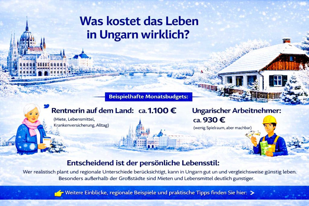 Auswandern nach Ungarn: Winterliche Szene mit Budapest und ländlichem Ungarn, Übersicht zu Lebenshaltungskosten für Rentner, Remote-Worker und Arbeitnehmer