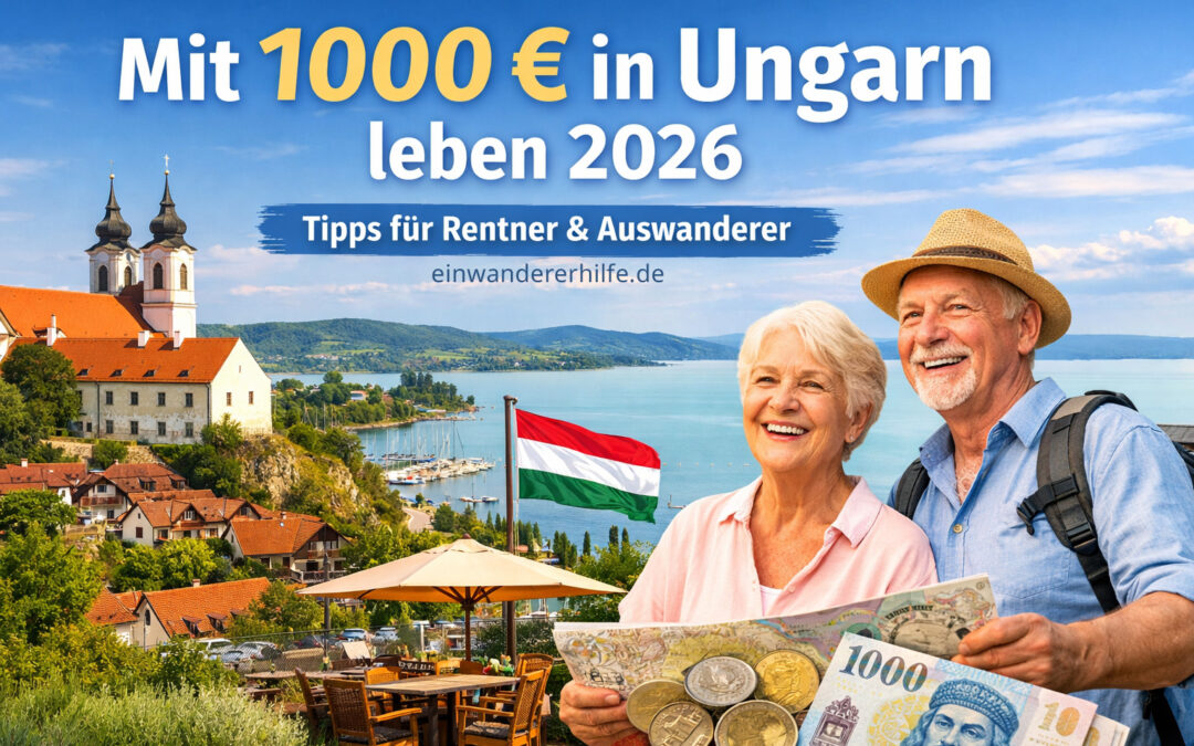 Älteres Paar mit Euro-Geldscheinen vor dem Plattensee in Ungarn, im Hintergrund ein ungarisches Dorf mit Kirche, See, Flagge und Hügeln – Symbol für ein günstiges Leben mit 1000 € in Ungarn 2026