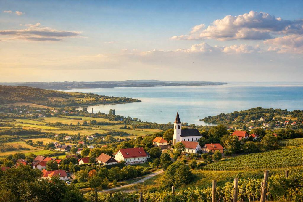 Panoramablick über ein ungarisches Dorf mit Kirche, Weinbergen und Feldern, im Hintergrund der Balaton bei warmem Abendlicht.