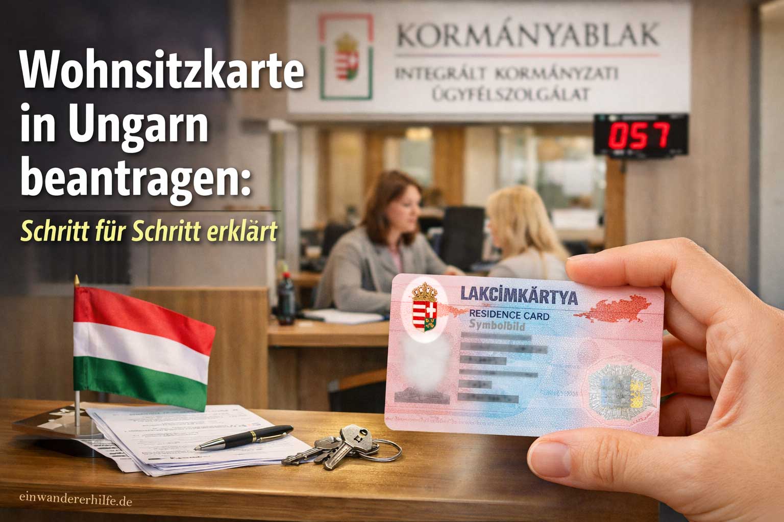 Titelbild zum Thema „Wohnsitzkarte in Ungarn beantragen“: Kormányablak-Schalter, Wartemarke und Lakcímkártya in der Hand, Schritt-für-Schritt-Anleitung.