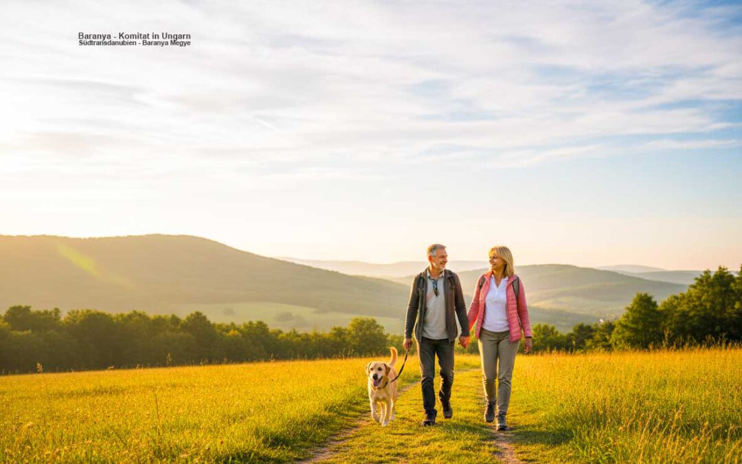 Baranya Megye in Südungarn: Paar mit Hund auf einem Wanderweg im Mecsek-Gebirge, umgeben von bewaldeten Hügeln und weiter Landschaft im warmen Morgenlicht.