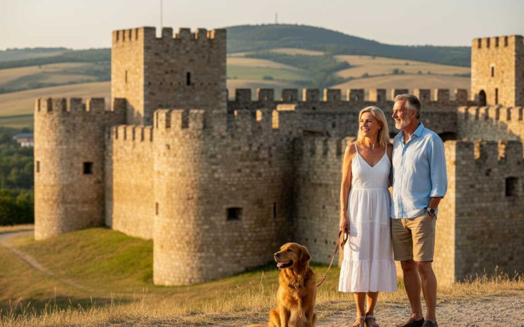 Lächelndes Paar mit Hund vor historischer Festung in Baranya megye im Süden Ungarns, massive Steinmauern aus der Osmanenzeit, warmes Nachmittagslicht, friedliche Atmosphäre, Symbol für die bewegte Geschichte der Region vom Mittelalter bis zur Osmanenherrschaft. - Symbolbild