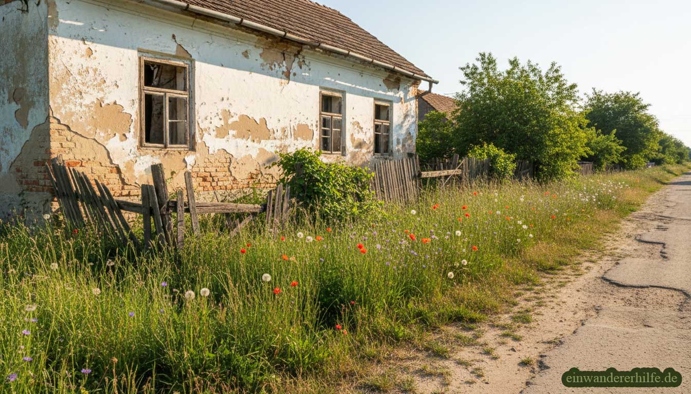Verlassenes Bauernhaus in einem Dorf in Borsod-Abaúj-Zemplén, umgeben von Vegetation im Sommer