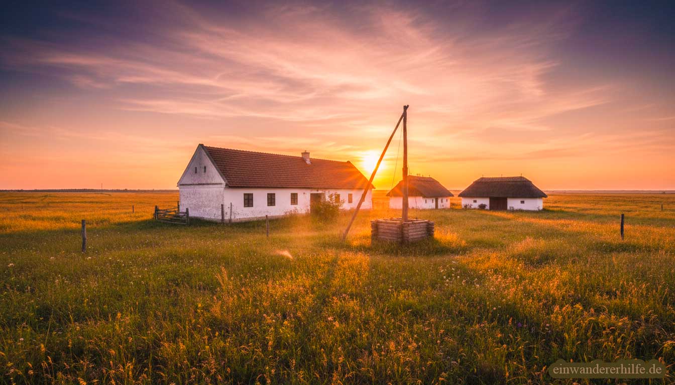 Traditionelles ungarisches Tanya-Gehöft in der Puszta bei goldenem Abendlicht mit weitem Horizont