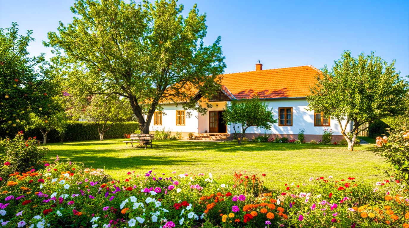 Saniertes Landhaus in Südungarn mit blühenden Garten und sonniger Terrasse, typisch für ländliche Region