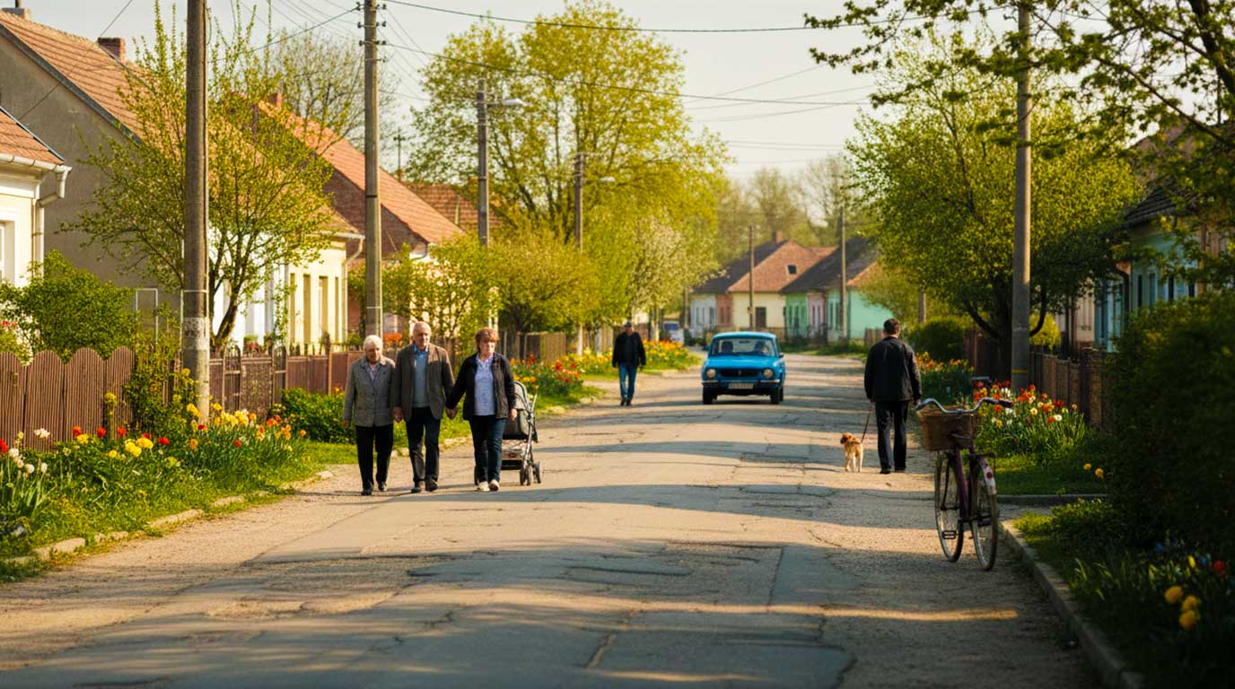 Belebte Dorfstraße in Ungarn im Frühling mit gepflegten Häusern und blühenden Bäumen, typische ländliche Idylle