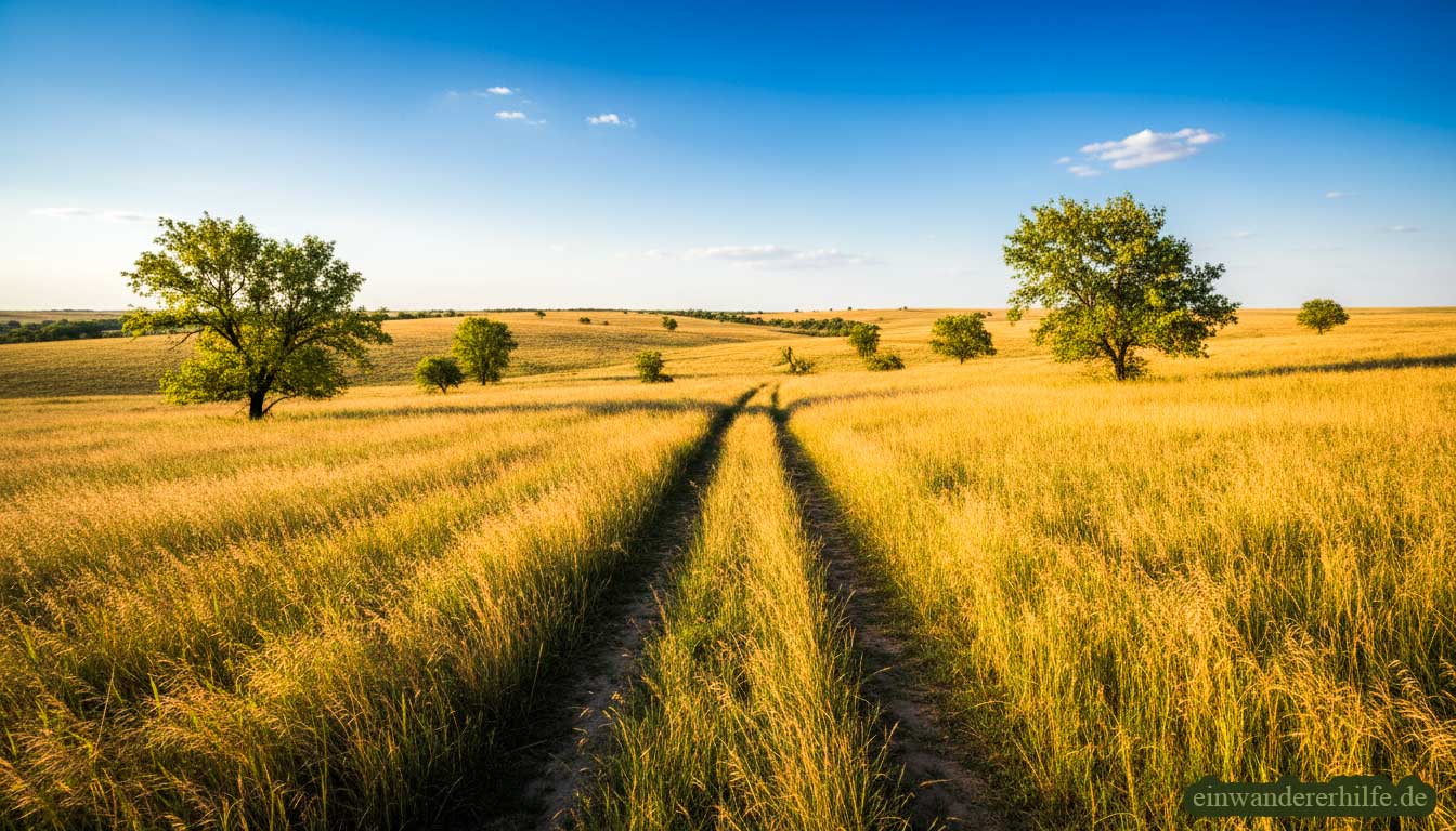 Weites Panorama der ungarischen Puszta mit traditionellem Bauernhaus und Abendhimmel