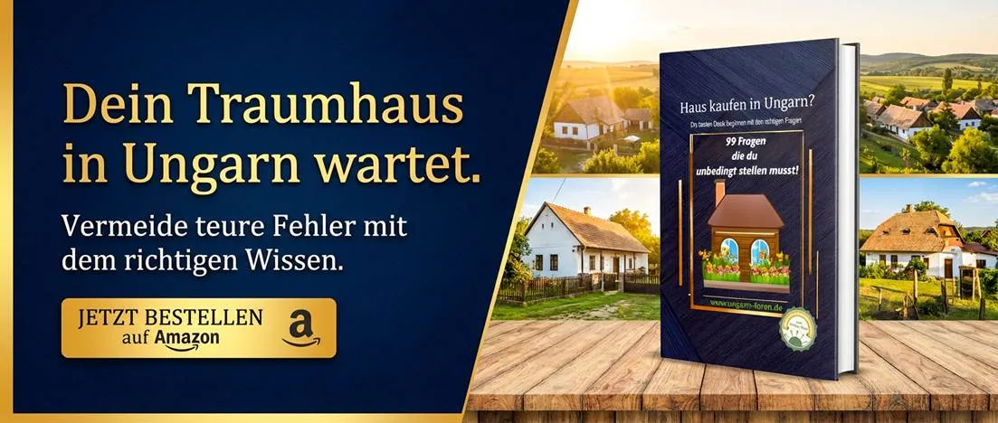 Buch Haus kaufen in Ungarn – 99 Fragen die du unbedingt stellen musst mit ungarischen Landhäusern im Hintergrund und Amazon-Bestellbutton