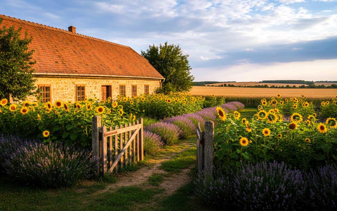 Ungarisches Landhaus mit Sonnenblumen- und Lavendelfeld – symbolisches Titelbild für einen Beitrag über Nebenkosten beim Hauskauf in Ungarn