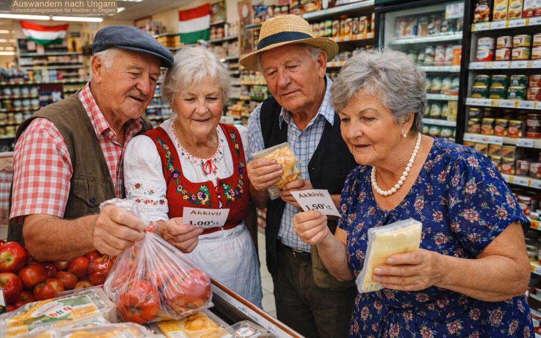 Ältere Menschen vergleichen Lebensmittelpreise in einem kleinen ungarischen Supermarkt – Essen Preise in Ungarn und wie Rentner günstig einkaufen und ihren Alltag planen