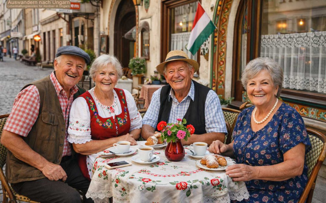 Ältere Menschen sitzen glücklich in einem ungarischen Straßencafé bei Kaffee und Gebäck – Kosten Ungarn und wie Rentner ihren Alltag entspannt und bezahlbar erleben