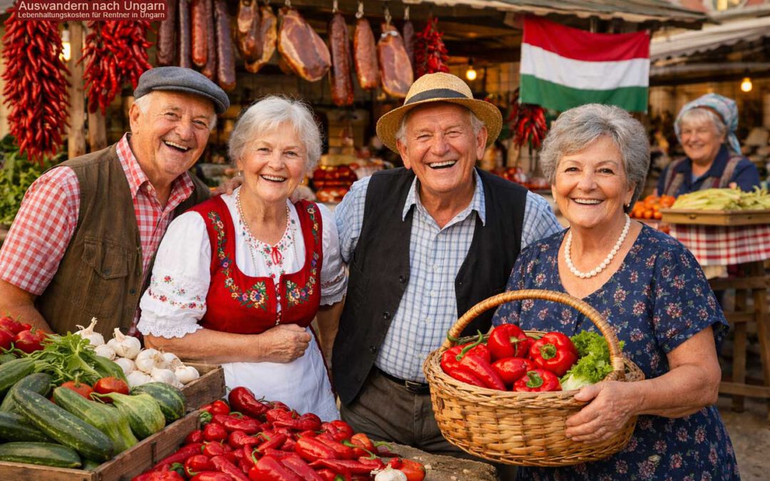 Ältere, glückliche Menschen auf einem traditionellen ungarischen Markt mit Paprika, Gemüse, Salami und Schinken – Lebenshaltungskosten in Ungarn, was Rentner wirklich bezahlen und wie sie ihren Alltag genießen