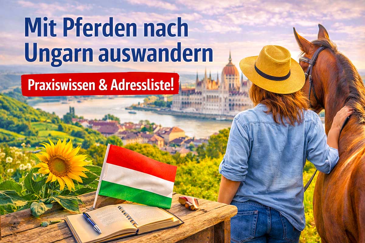 Frau mit Pferd blickt über Budapest mit ungarischem Parlament im Hintergrund, Symbol für Auswandern mit Pferden nach Ungarn, inklusive Praxiswissen, Tierarzt-Adressen und Notfallnummern
