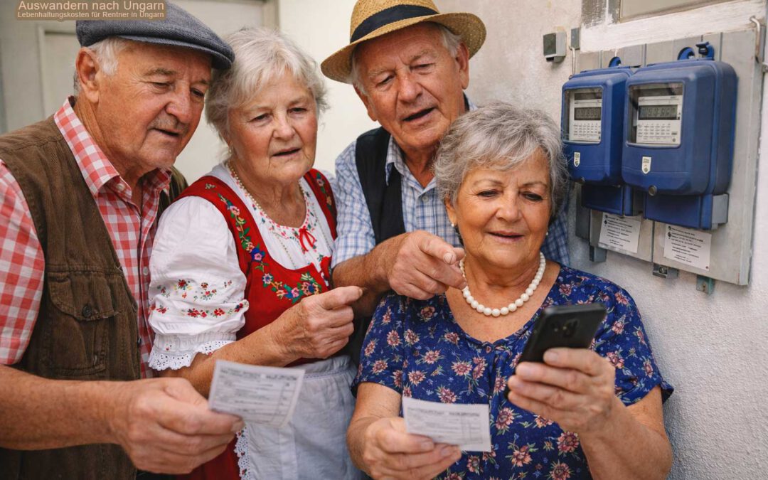 Ältere Menschen prüfen gemeinsam einen Stromzähler und vergleichen Daten auf dem Smartphone – Nebenkosten Ungarn Rentner und wie sie ihre laufenden Kosten kontrollieren