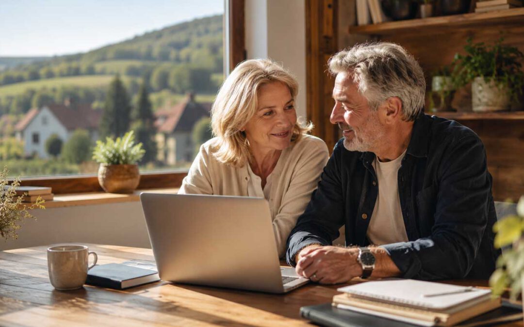 Auswandern nach Ungarn ab 50 mit digitaler Arbeit und KI im hellen Homeoffice auf dem Land als Symbol für Online Business Neustart und selbstständiges Arbeiten in Ungarn