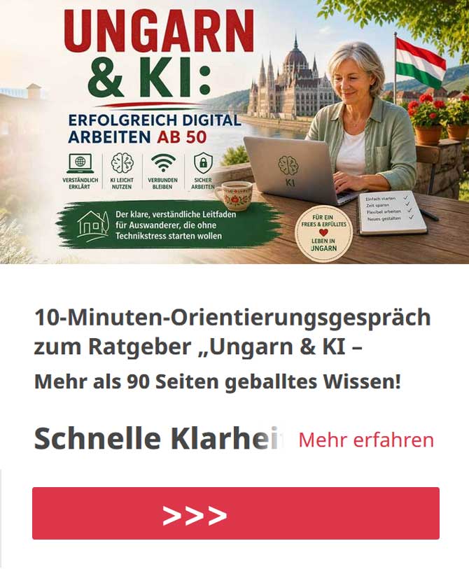 Ein deutschsprachiger Auswanderer weiblich  sitzt in Ungarn an einem Tisch mit Laptop, Kaffee und Blick auf das Parlamentsgebäude; daneben eine ungarische Flagge. Das Bild symbolisiert digitales Arbeiten mit KI für Menschen ab 50.