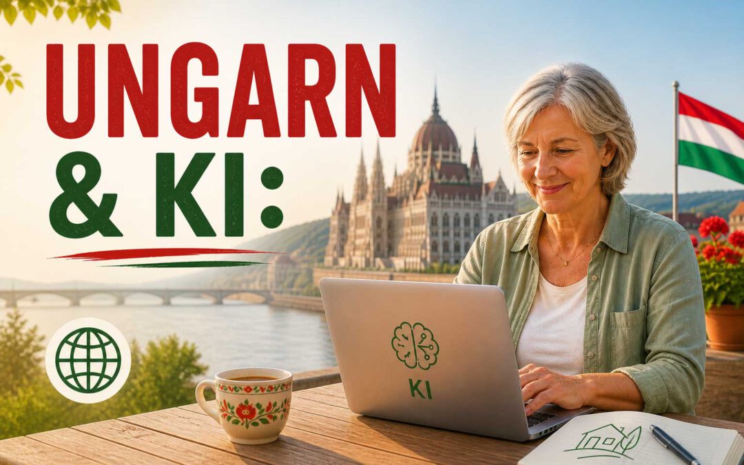 Ein deutschsprachiger Auswanderer weiblich sitzt in Ungarn an einem Tisch mit Laptop, Kaffee und Blick auf das Parlamentsgebäude; daneben eine ungarische Flagge. Das Bild symbolisiert digitales Arbeiten mit KI für Menschen ab 50.