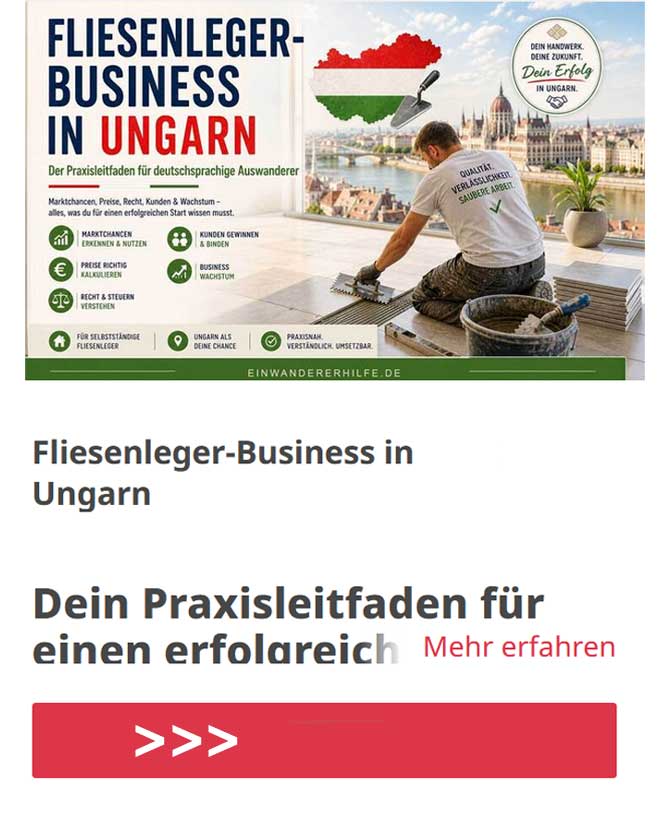 Fliesenleger arbeitet an Bodenfliesen mit Werkzeugen, im Hintergrund Budapest und Ungarnkarte, Werbebild fuer Praxisleitfaden fuer deutschsprachige Auswanderer