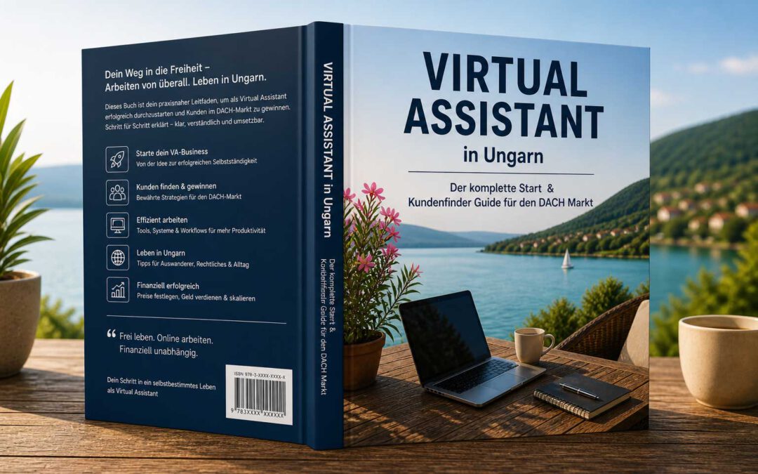 Buchcover „Virtual Assistant in Ungarn“ mit Laptop und Balaton‑Panorama; Leitfaden für den Start als Virtual Assistant und Kundengewinnung im DACH‑Markt