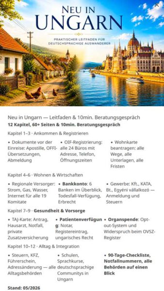Ratgeber „Neu in Ungarn“ für deutschsprachige Auswanderer mit Dorfstraße, ungarischer Landschaft und Budapest, passend zu Auswandern nach Ungarn, Zala und den Komitaten Ungarns.