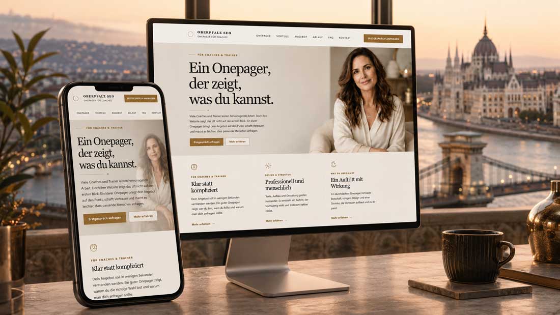 Mockup Onepager Seo für Coaches in Budapest; Ungarn. Im Hintergrund das ungarische Parlament.