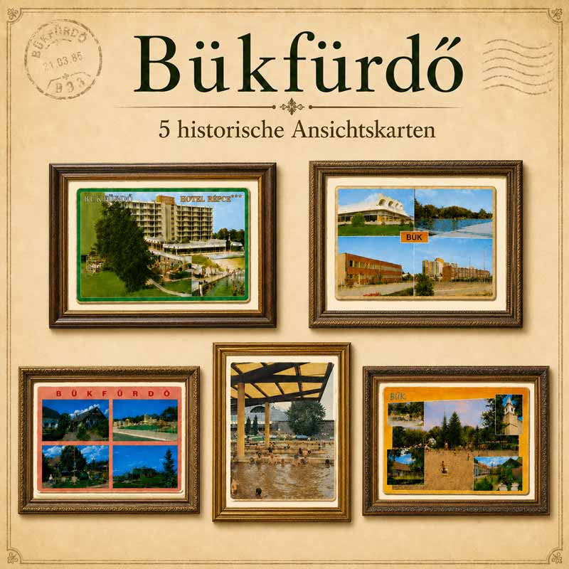 Fünf historische Ansichtskarten aus Bükfürdő in dekorativen Bilderrahmen mit Motiven vom Hotel Répce, Thermalbad und früheren Badeanlagen.