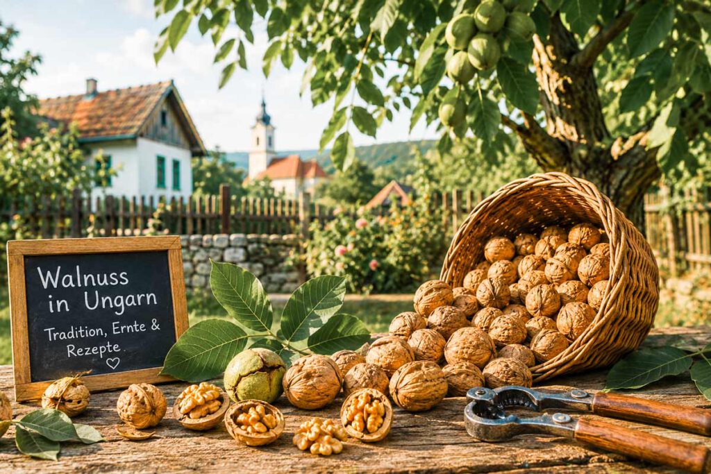 Walnüsse aus einem Garten in Ungarn mit Walnussbaum, Erntekorb und frisch geknackten Walnüssen